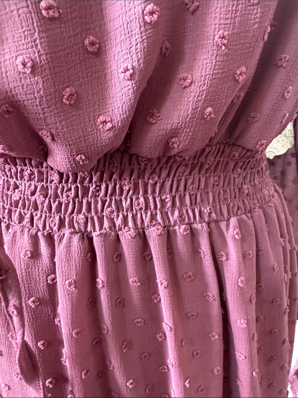 Altar'd State Dusty Rose Swiss Dot Long Sleeve Tie Neck Dress - Picture 6 of 8